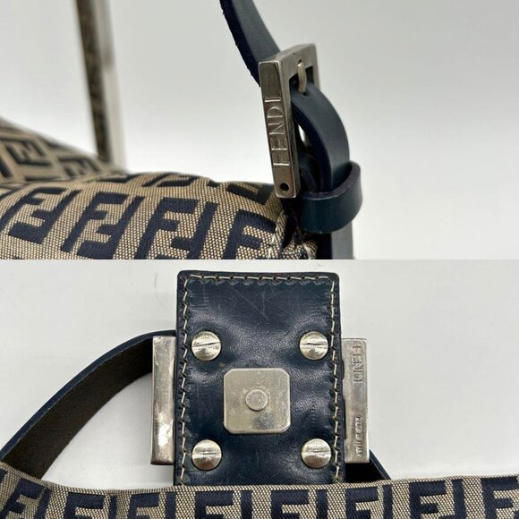 Authentic FENDI Mamma Zucca Bucket Baguette Navy Tan Flap Bag Purse Tote FF - Picture 10 of 13